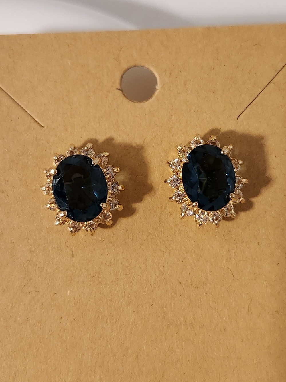 Gold-Tone Blue-Grey Oval Crystal Halo Stud Earrings